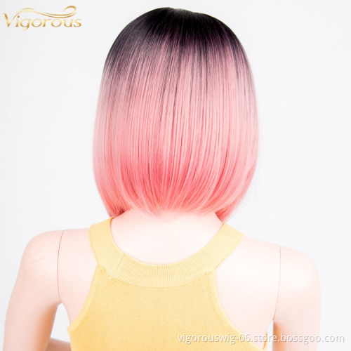 Ombre pink short straight wavy hair vendor high quality premium wholesale synthetic heat resistant wig lace front black women